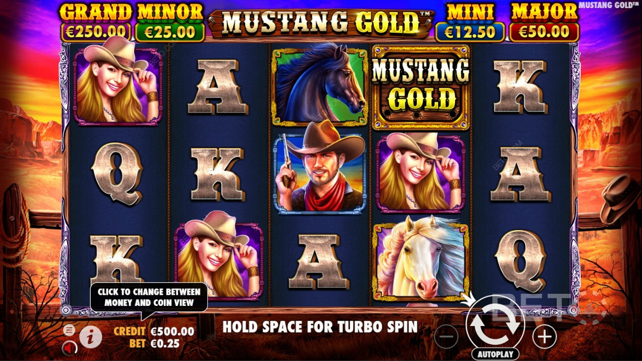 দ্য ওয়াইল্ড সিম্বল হল Mustang Gold অনলাইন স্লটে গেমের লোগো