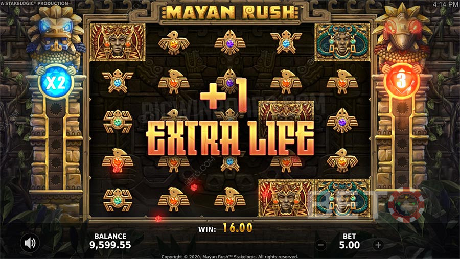 Mayan Rush বোনাস বৈশিষ্ট্যগুলির মধ্যে রয়েছে ফ্রি স্পিন, একটি গুণক এবং একটি জুয়া বৈশিষ্ট্য