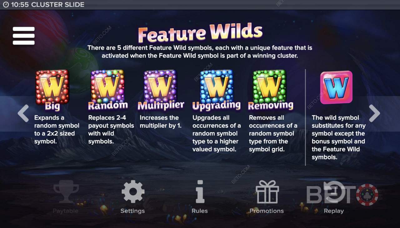 Cluster Slide ভিডিও স্লটে বৈশিষ্ট্য Wilds