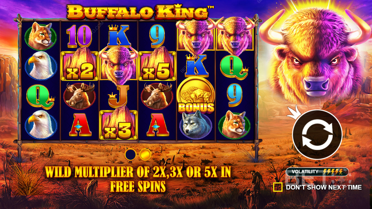 Buffalo King -এ সমস্ত বন্য চিহ্নের 2x, 3x, বা 5x গুণক প্রভাব থাকতে পারে