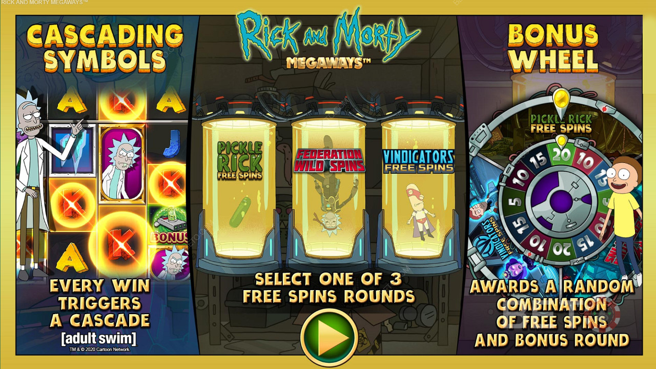Rick and Morty Megaways স্লট মেশিনে তিনটি ভিন্ন ধরণের ফ্রি স্পিন উপভোগ করুন