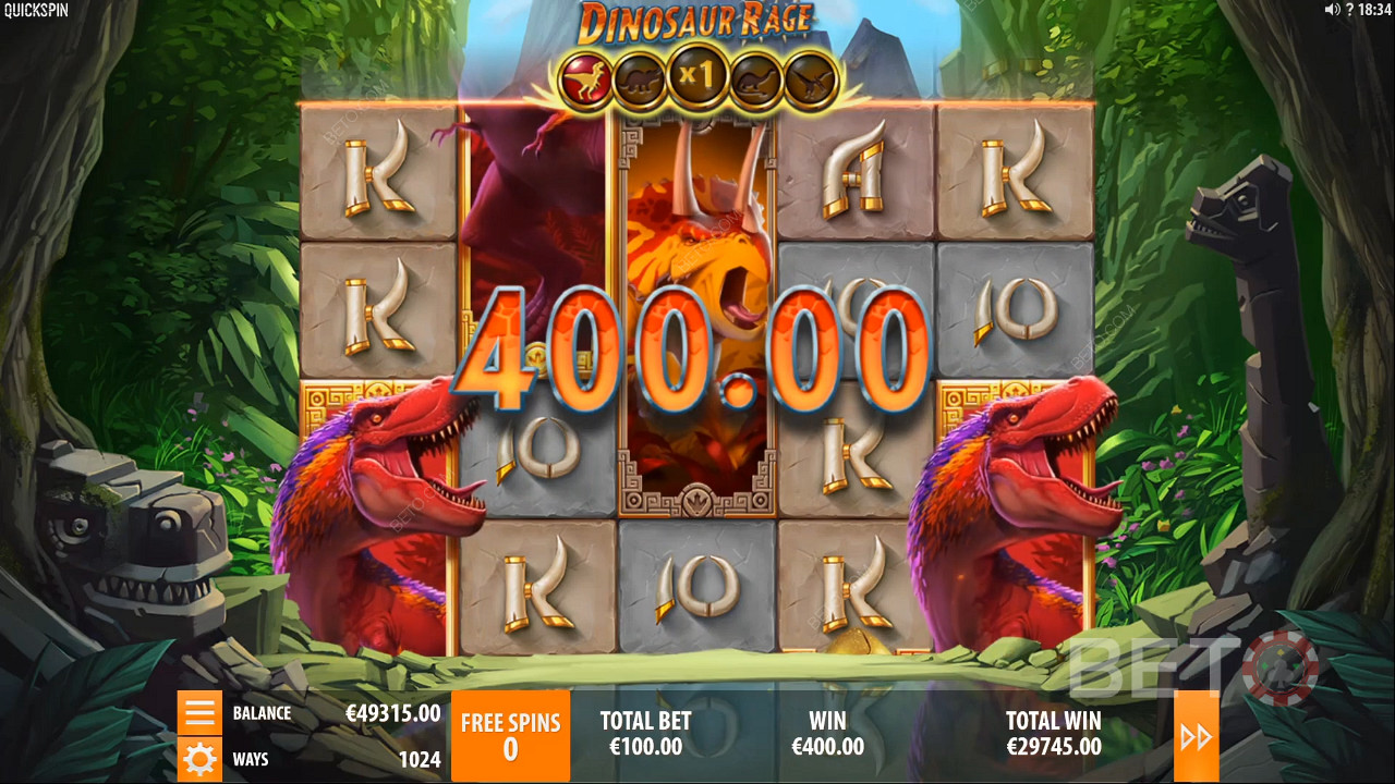 Dinosaur Rage স্লট মেশিনে 400 কয়েন মূল্যের একটি জয়