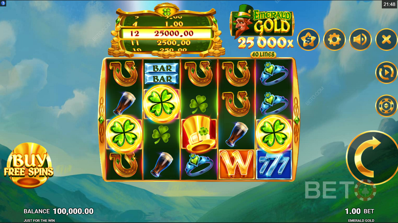 জাস্ট ফর দ্য উইনের মাধ্যমে Emerald Gold অনলাইন স্লটে বিনামূল্যে স্পিন কিনুন