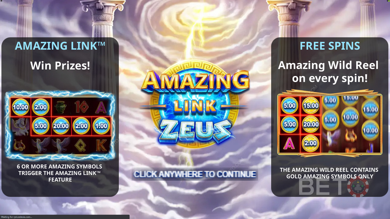 Amazing Link Zeus ইন্ট্রো স্ক্রিন ফ্রি স্পিন বোনাস দেখাচ্ছে