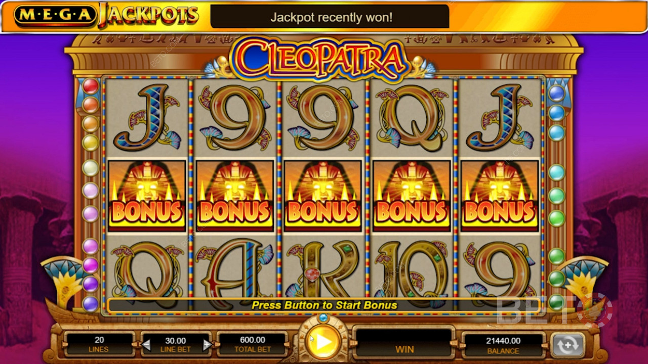 MegaJackpots Cleopatra একটি 5 রিল 20 পেলাইন স্লট বৈশিষ্ট্যযুক্ত