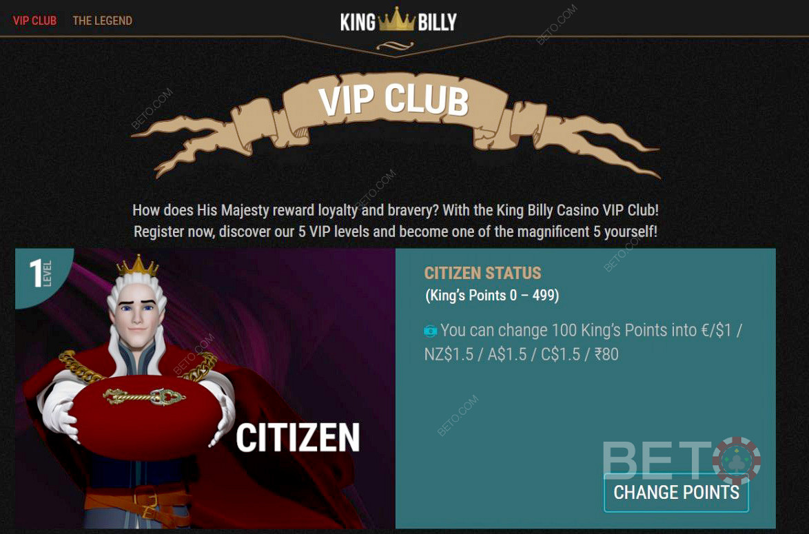King Billy ভিআইপি ক্লাবের নাগরিক স্তরে শুরু করুন