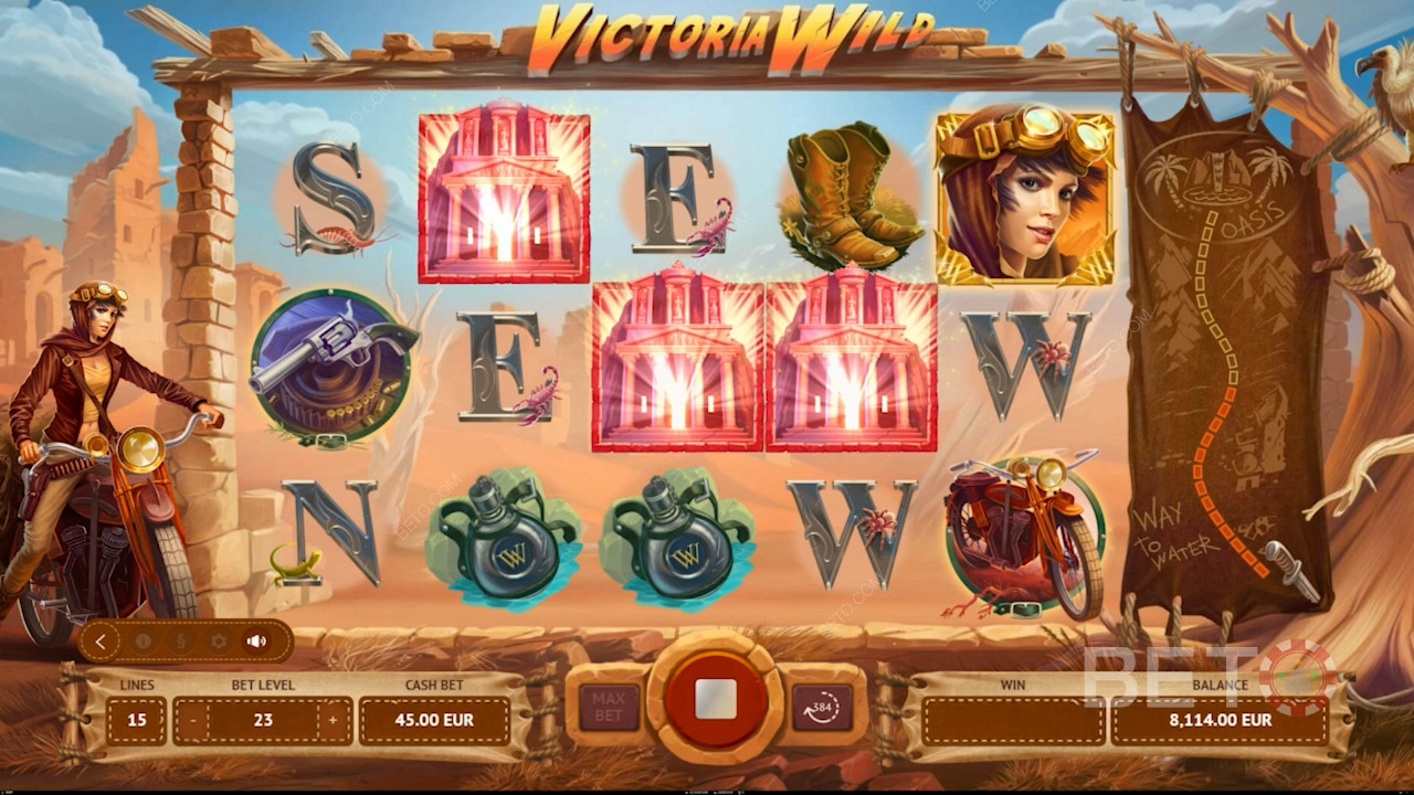 Victoria Wild অনলাইন স্লটে বিনামূল্যে স্পিন ট্রিগার করতে 3 বা তার বেশি টেম্পল স্ক্যাটার ল্যান্ড করুন