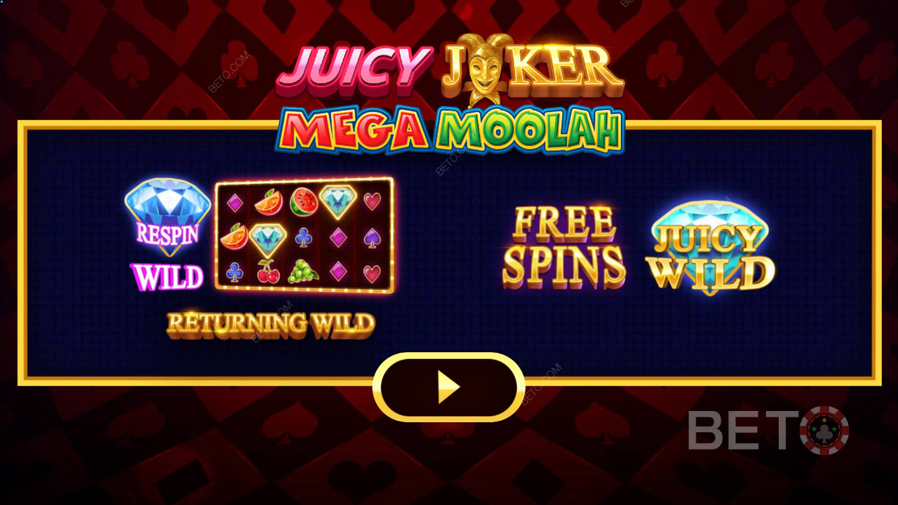 Juicy Joker Mega Moolah ইন্ট্রো স্ক্রিন বিভিন্ন বুস্টার ব্যাখ্যা করে