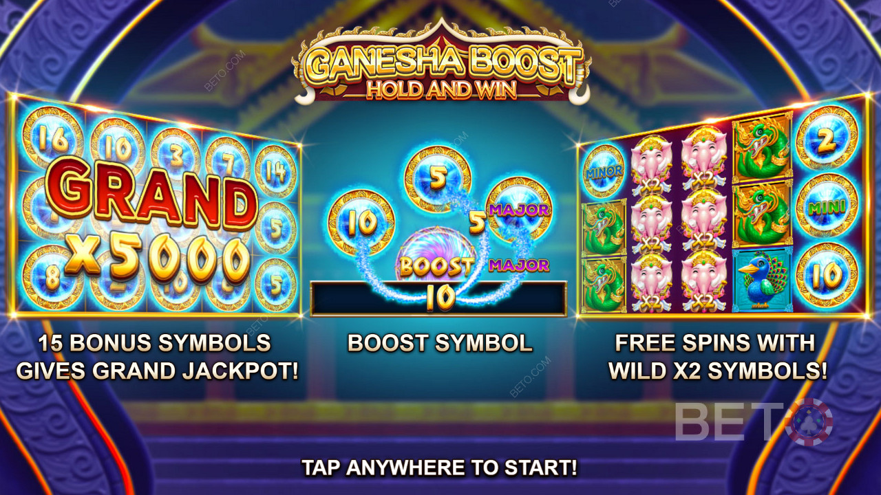 Ganesha Boost Hold and Win স্লটে বিনামূল্যে স্পিন, বুস্ট বৈশিষ্ট্য এবং রেস্পিন উপভোগ করুন