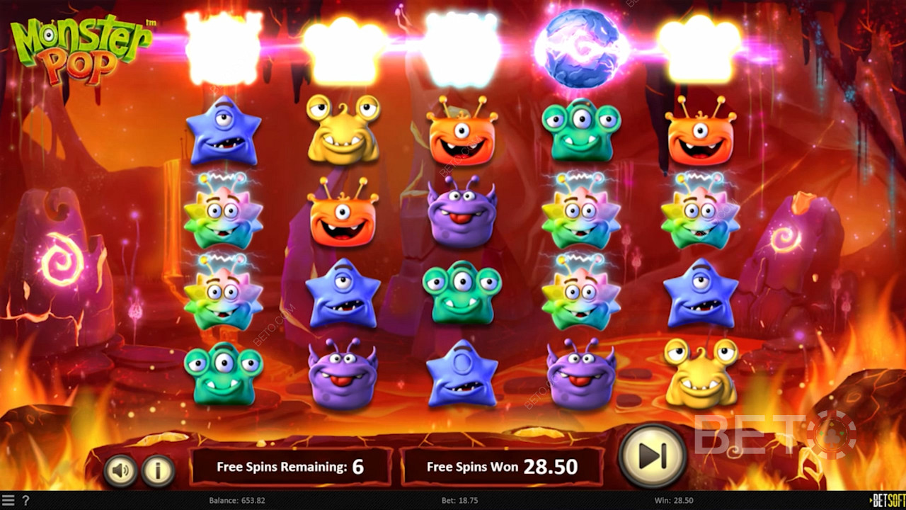 Monster Pop স্লট মেশিনে ফ্রি স্পিন চলাকালীন রিলগুলি প্রসারিত দেখুন