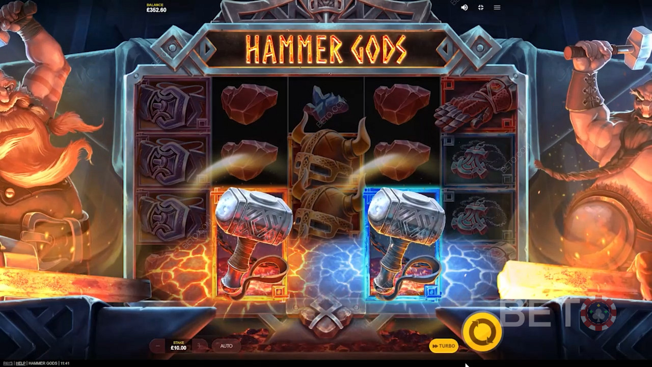 Hammer Gods স্লটে ফ্রি স্পিন ট্রিগার করতে লাল এবং নীল হাতুড়ি ল্যান্ড করুন