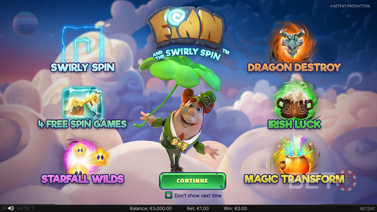 Finn এবং Swirly Spin অনলাইন স্লটে বিস্তৃত উত্তেজনাপূর্ণ বৈশিষ্ট্য উপভোগ করুন